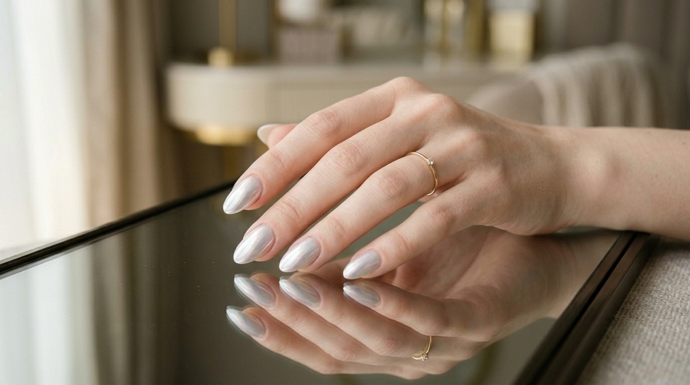 Pearl chrome nails with reflective glow captured near a mirror surface