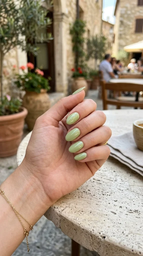 Short almond nails with glossy pistachio green polish photographed in a chic European café setting.