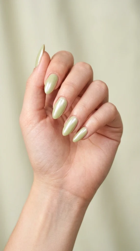 Summer Nail Colors 2026: 25 Trending Shades to Wear This Season 21 Soft pistachio green almond nails with a glossy finish, a sophisticated muted summer nail color trend for 2026.