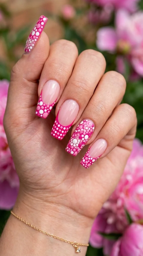 Summer French Tip Nail Designs 2026: 35 Classy, Colorful & Trendy Ideas 30 Coffin nails with hot pink French tips and glossy multisized polka dot accents