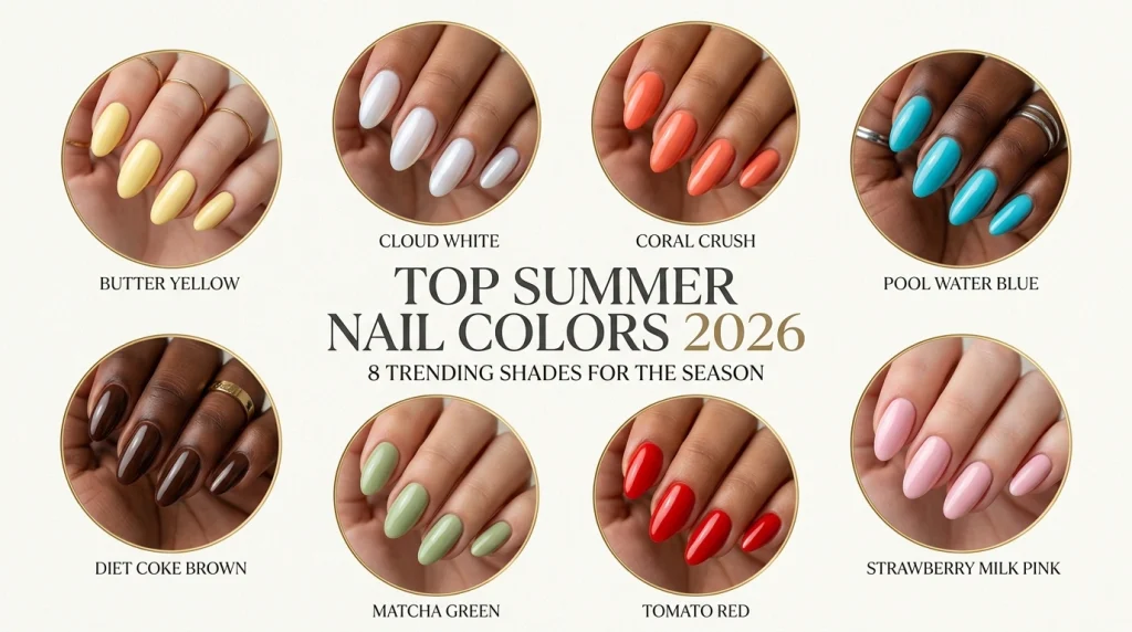 Summer Nail Colors 2026: 25 Trending Shades to Wear This Season 2 Collage of the top summer nail colors for 2026 including butter yellow, cloud white, coral, pool blue, strawberry milk pink, and matcha green.