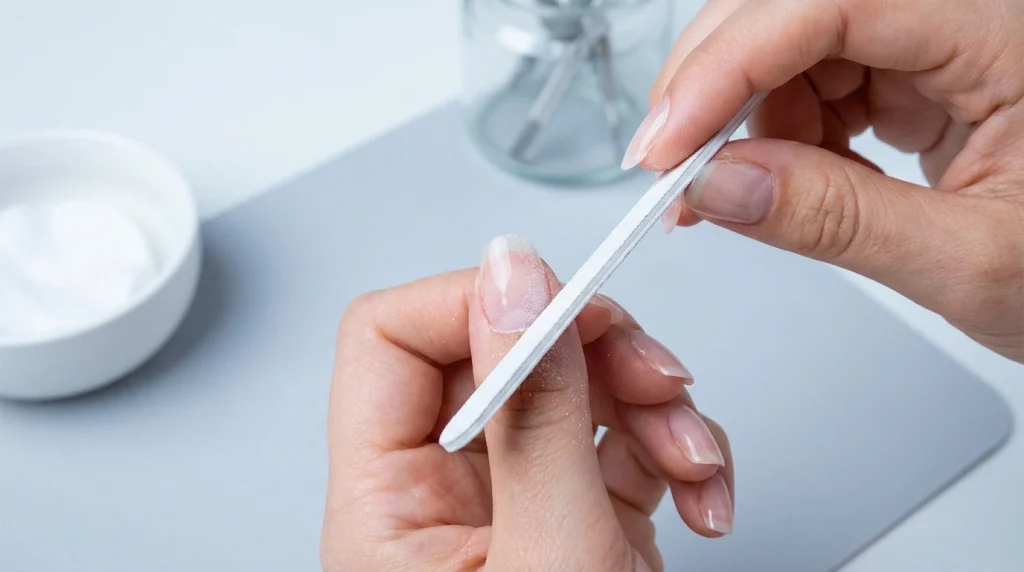 How to Remove Acrylic Nails Without Acetone (Safely at Home) 3 acrylic nails being gently filed on the surface to thin the top layer before removal without damaging the natural nail