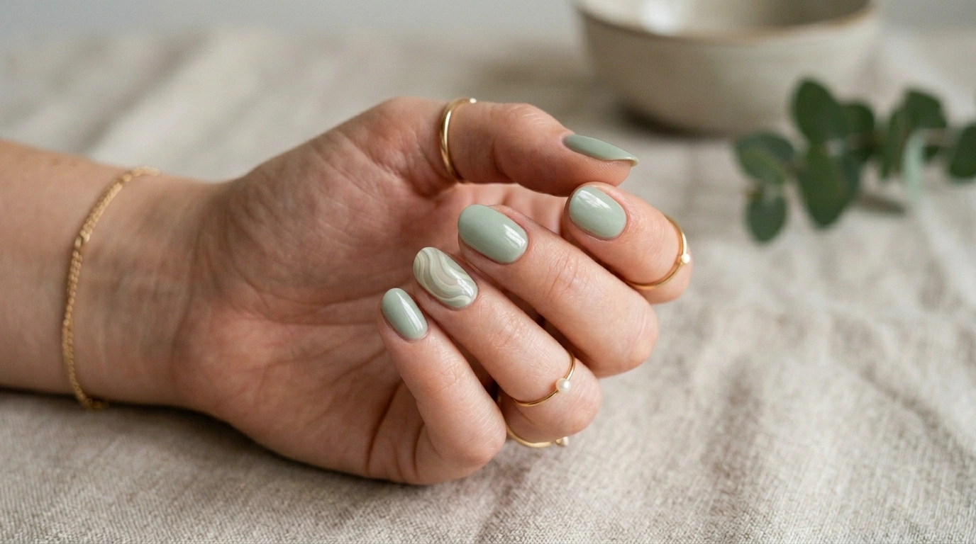 Sage green nails with subtle tonal nail art in a minimalist modern design