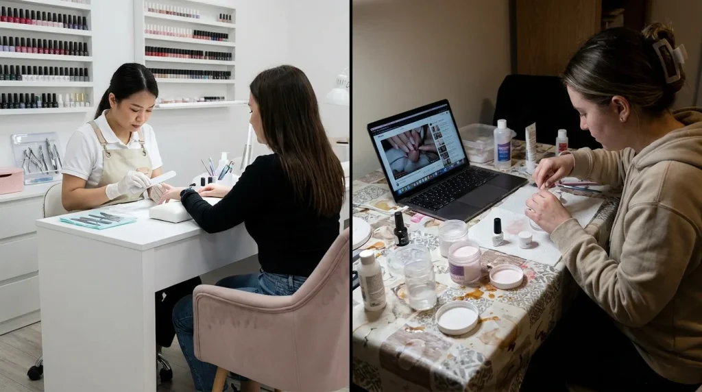 How Long Does a Full Set of Acrylic Nails Take in 2026? 2 comparison of acrylic nail application in salon and at home setup