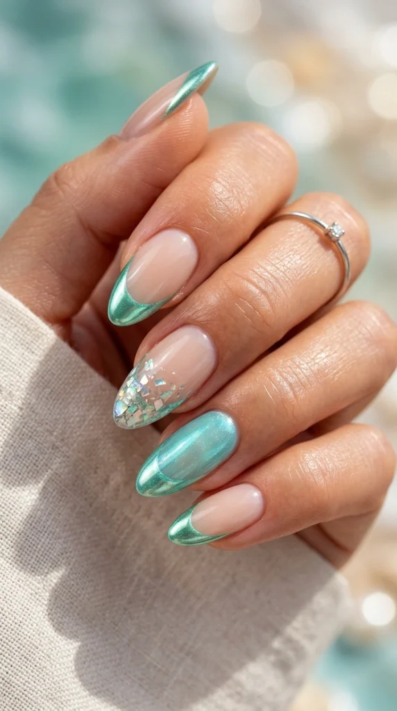 Summer French Tip Nail Designs 2026: 35 Classy, Colorful & Trendy Ideas 21 Almond nails with seafoam green chrome French tips and iridescent shell accents