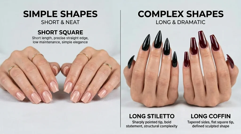 How Long Does a Full Set of Acrylic Nails Take in 2026? 7 comparison of simple and complex acrylic nail shapes affecting application time