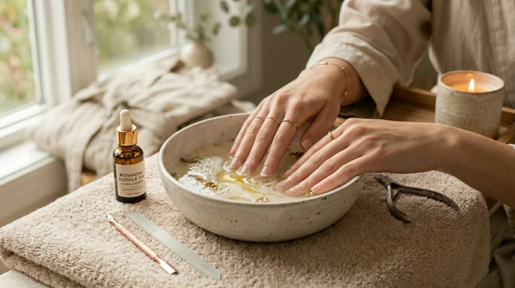 How to Remove Acrylic Nails Without Acetone (Safely at Home) 5 acrylic nails soaking in warm water and oil during acetone-free removal