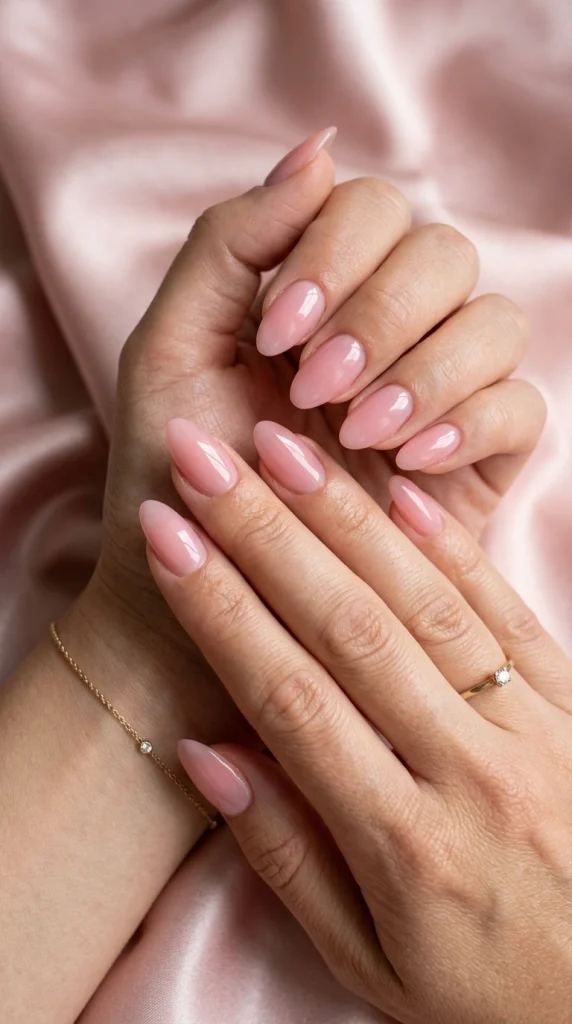 Summer Nail Colors 2026: 25 Trending Shades to Wear This Season 17 Soft milky pink almond nails with a glossy finish, a classy everyday summer nail color trend for 2026.