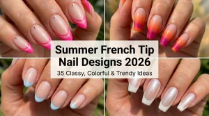 Pinterest-style featured image with colorful summer French tip nails and editorial title overlay
