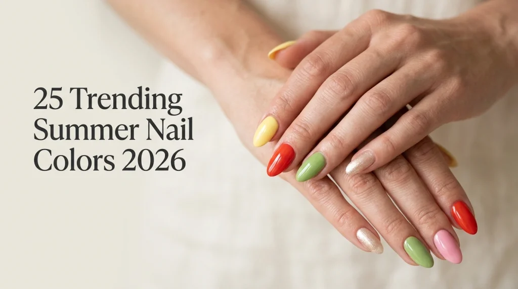 Elegant almond nails in trending summer nail colors for 2026 including butter yellow, coral, cloud white, and pool blue.