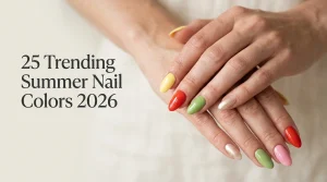 Elegant almond nails in trending summer nail colors for 2026 including butter yellow, coral, cloud white, and pool blue.
