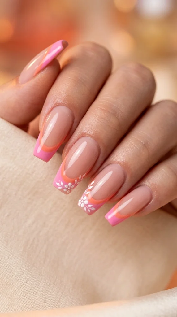 Summer French Tip Nail Designs 2026: 35 Classy, Colorful & Trendy Ideas 14 Coffin nails with peach and pink French tips and tiny floral accents