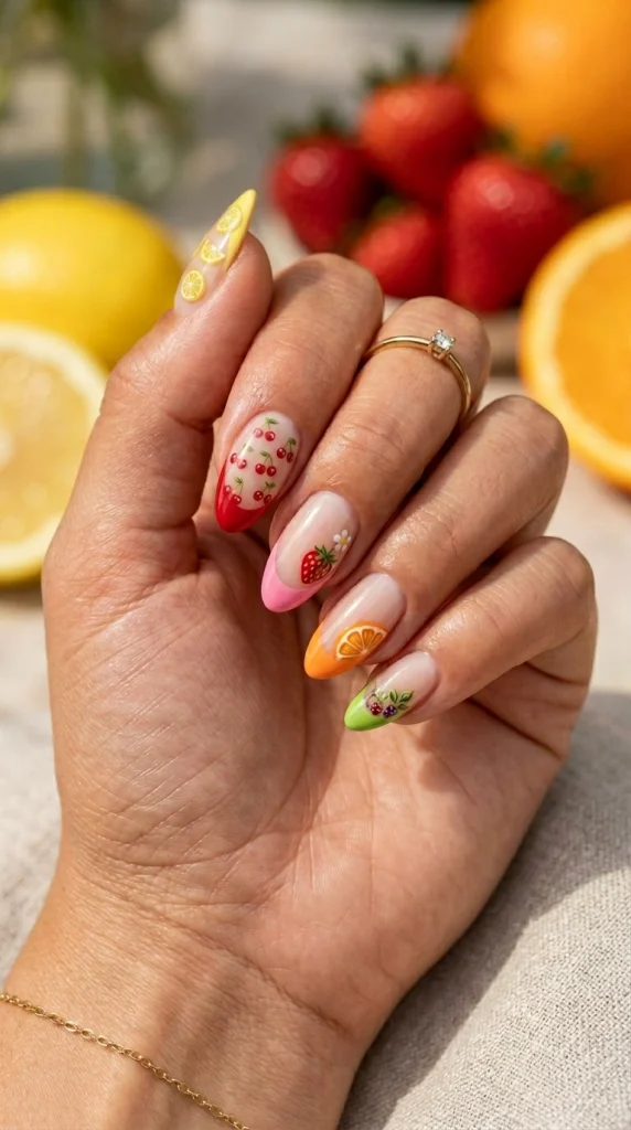 Summer French Tip Nail Designs 2026: 35 Classy, Colorful & Trendy Ideas 24 Almond nails with colorful French tips and miniature lemon, cherry, and strawberry nail art