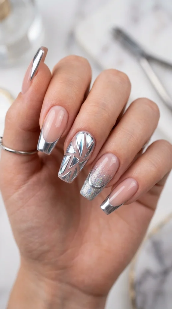 Summer French Tip Nail Designs 2026: 35 Classy, Colorful & Trendy Ideas 27 Coffin nails with platinum chrome French tips and prism-inspired metallic detailing
