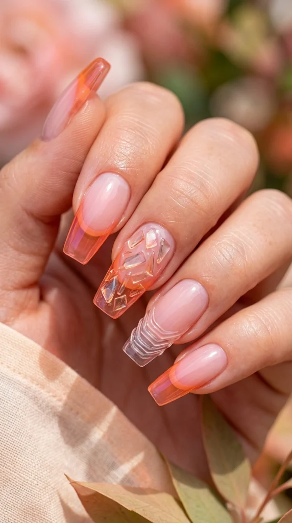 Summer French Tip Nail Designs 2026: 35 Classy, Colorful & Trendy Ideas 28 Coffin nails with translucent jelly French tips and floating glass-like accents
