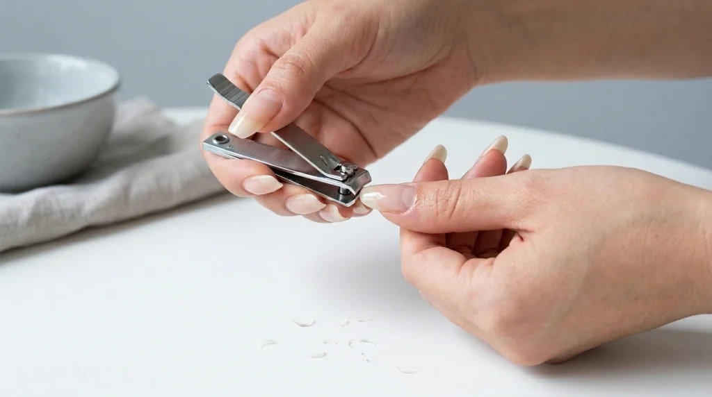 How to Remove Acrylic Nails Without Acetone (Safely at Home) 2 Hands safely trimming long acrylic nails at home with a nail clipper to shorten them before removal process