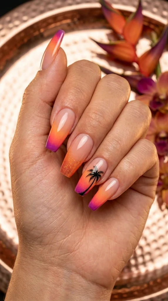 Summer French Tip Nail Designs 2026: 35 Classy, Colorful & Trendy Ideas 20 Coffin nails with sunset gradient French tips and miniature palm tree nail art