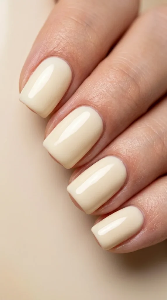 Extreme macro photo of glossy vanilla cream short squoval nails with luxury salon manicure styling.