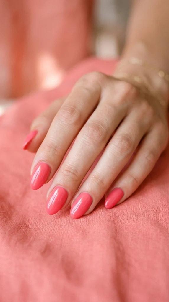 Summer Nail Colors 2026: 25 Trending Shades to Wear This Season 15 Juicy watermelon pink almond nails with a glossy finish, a playful summer nail color trend for 2026.
