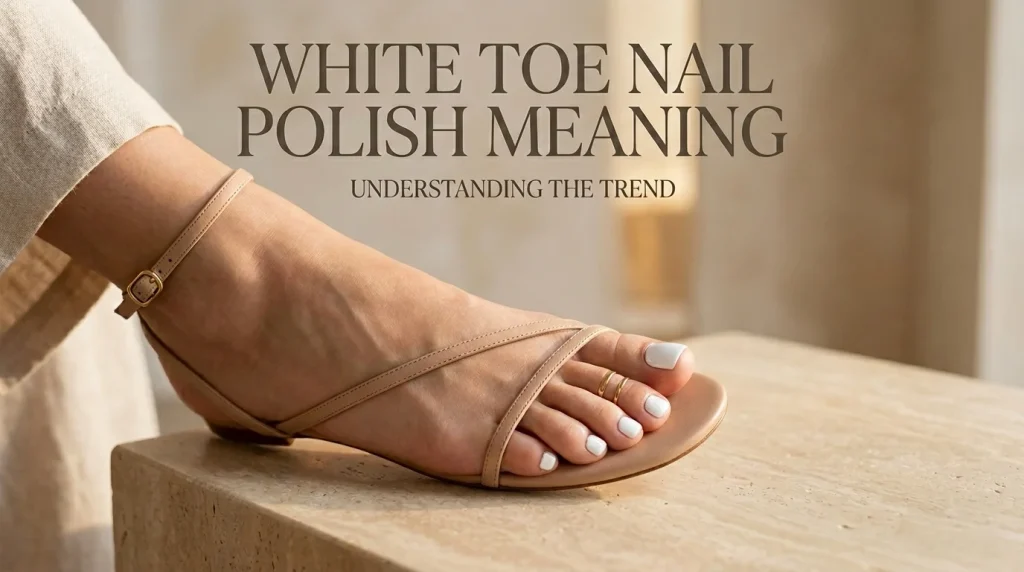 Milky white toenail polish pedicure on moisturized feet with title text overlay reading White Toe Nail Polish Meaning
