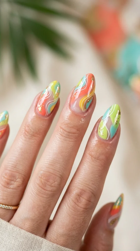 Close-up of abstract tropical nail art with vibrant summer colors and freeform designs.