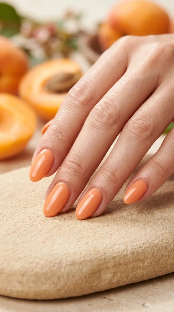 Close-up of glossy apricot peach almond nails, a soft warm summer nail color for 2026.