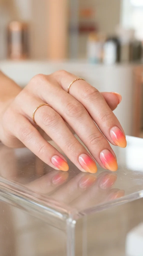 Close-up of pink and coral aura ombré nails with a soft airbrushed glowing effect.