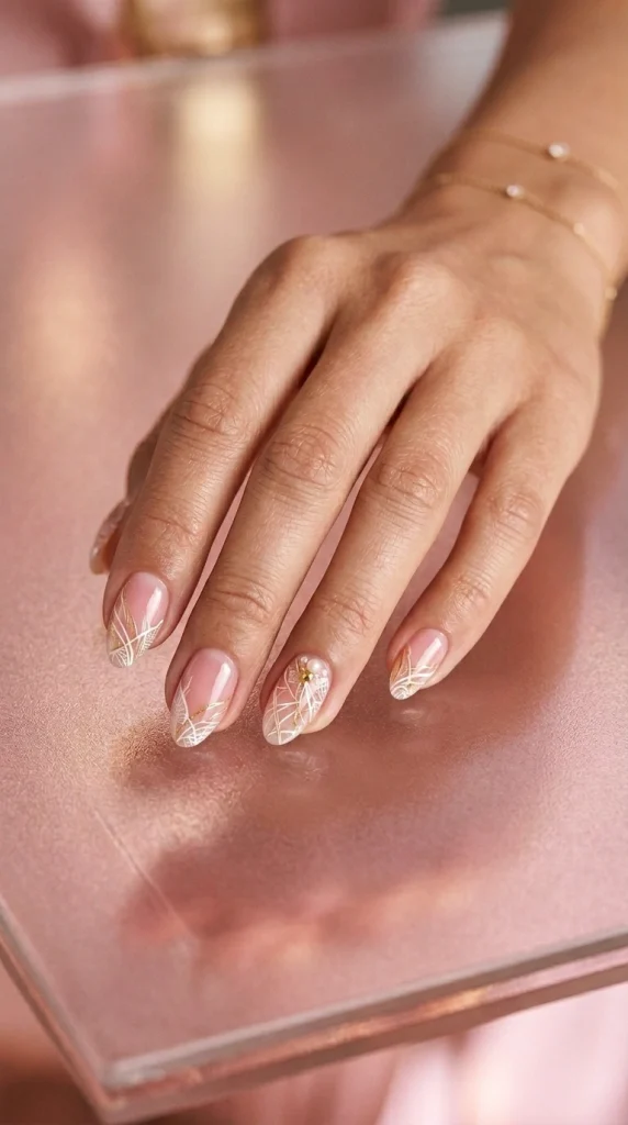 Close-up of glossy sheer rosewater pink almond nails with a natural healthy glow.
