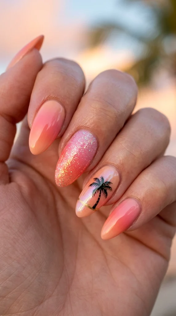 Close-up of beach sunset ombré nails in peach, coral, and pink tones.