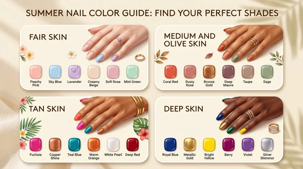 Infographic showing the best summer nail colors for fair, medium and olive, tan, and deep skin tones.
