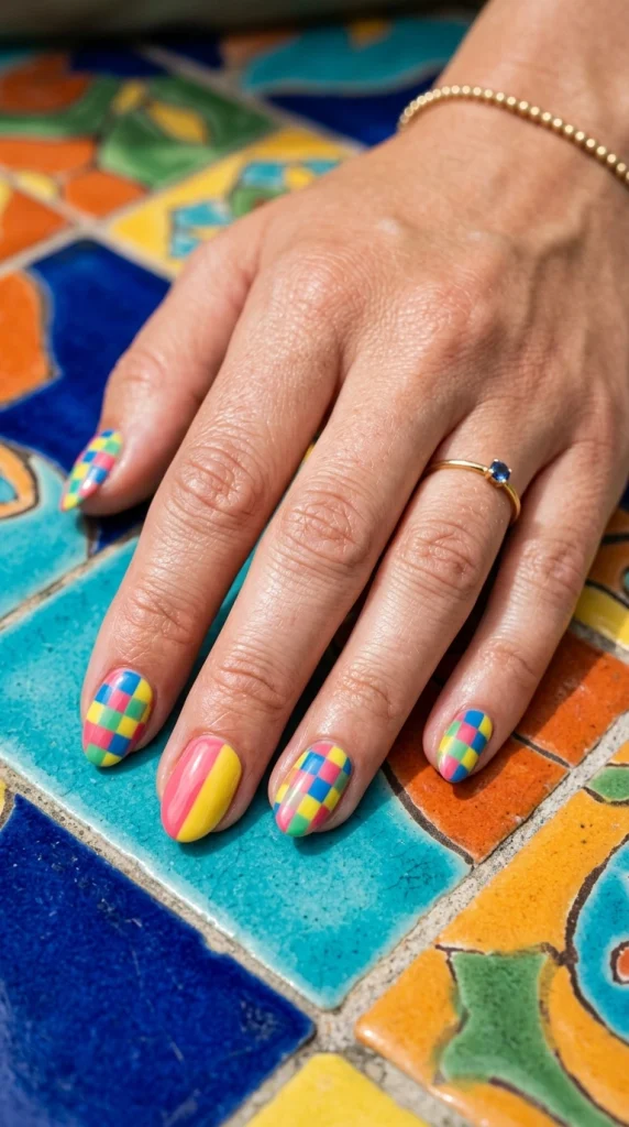 Close-up of bright checkerboard nail art in bold summer colors on short almond nails.