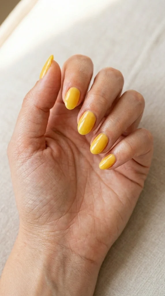 Close-up of glossy butter yellow almond nails, one of the top trending summer nail colors for 2026.