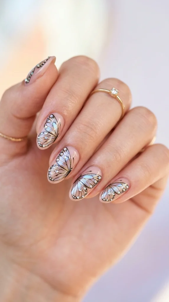 Close-up of pink and nude almond nails with delicate butterfly accent nail art.
