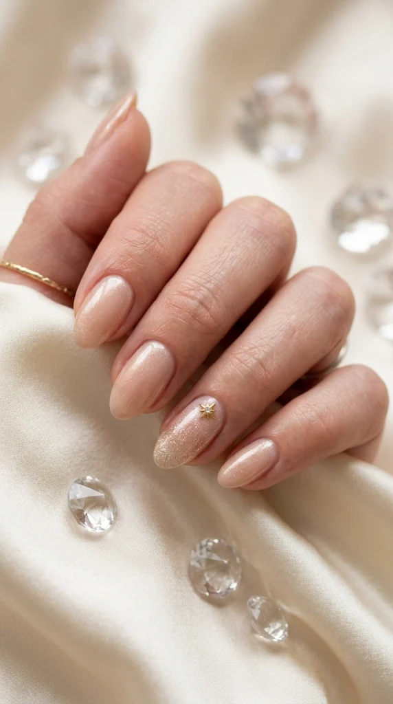 Close-up of champagne shimmer almond nails with soft sparkling elegance.