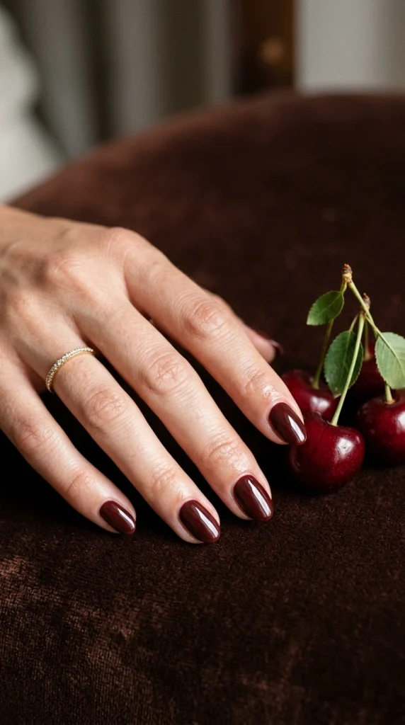 Close-up of glossy cherry mocha almond nails, a rich burgundy-brown unexpected summer nail color for 2026.