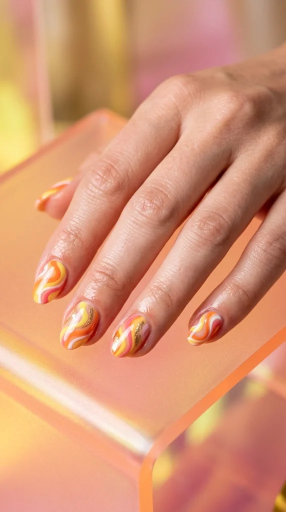Close-up of citrus swirl almond nails with orange, yellow, and pink retro abstract designs.