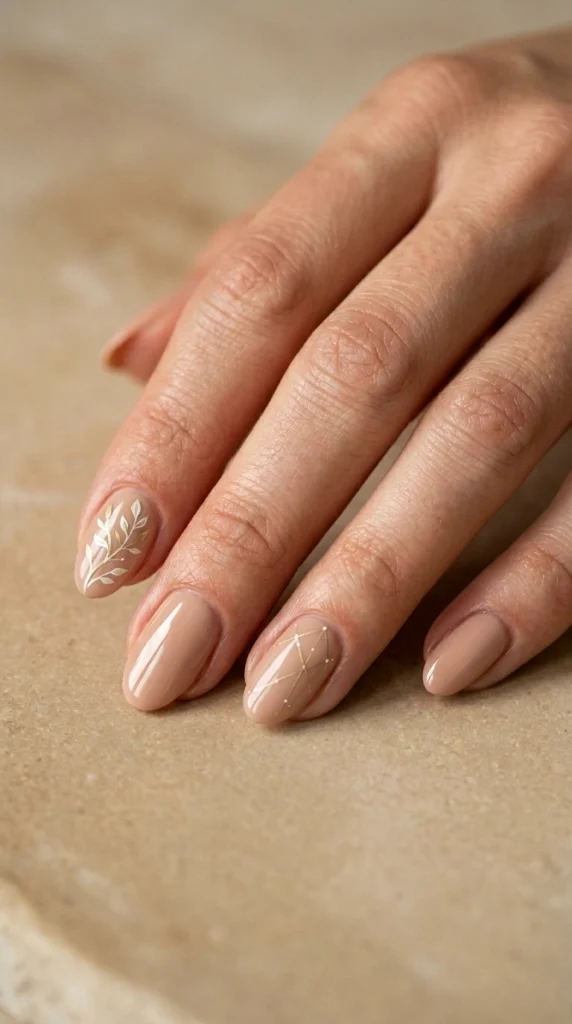Close-up of glossy clean nude almond nails in a polished minimalist manicure.