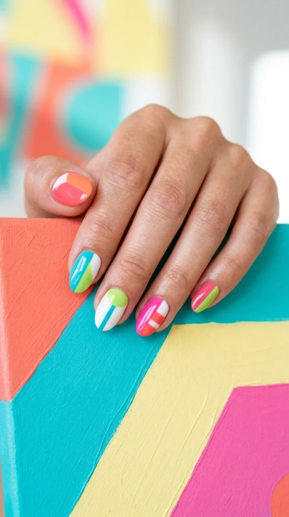 Close-up of modern color-block nail art in bold contrasting summer shades on short almond nails.