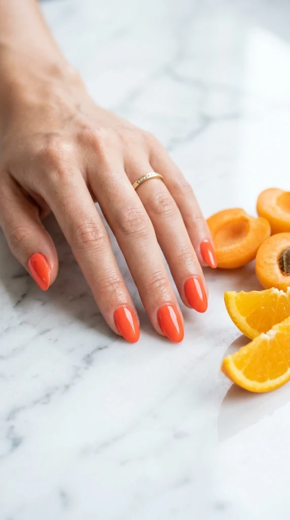 Close-up of glossy coral orange almond nails, a universally flattering summer nail color for 2026.