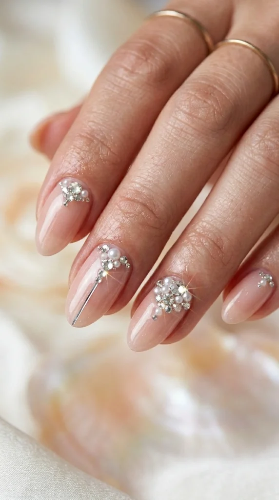 Close-up of nude almond nails with strategically placed crystal embellishments.