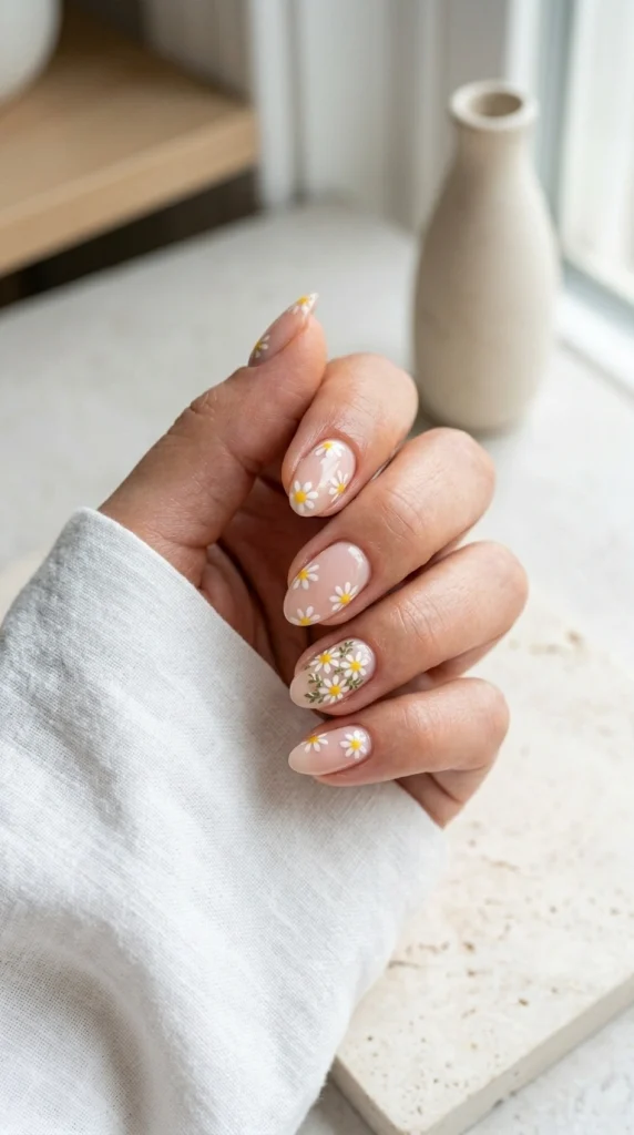 Close-up of sheer nude almond nails with tiny white daisy nail art and yellow centers.