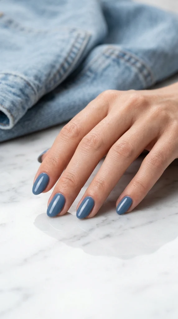 Close-up of glossy denim blue almond nails, a soft wearable blue summer nail color for 2026.