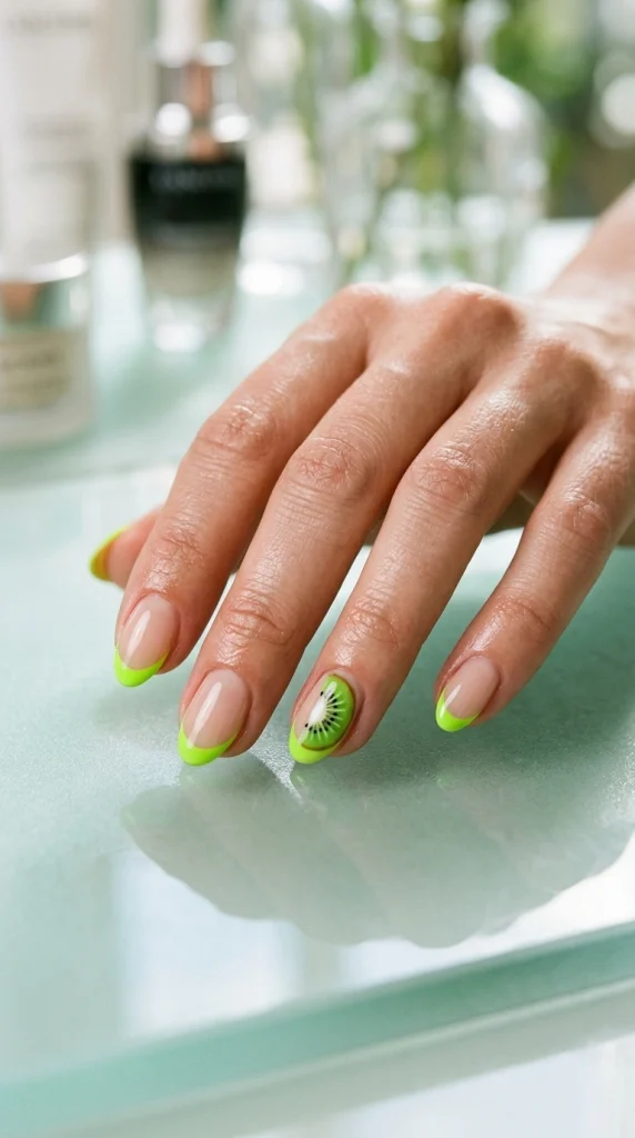 Close-up of sheer nude almond nails with electric lime French tips and playful summer accents.