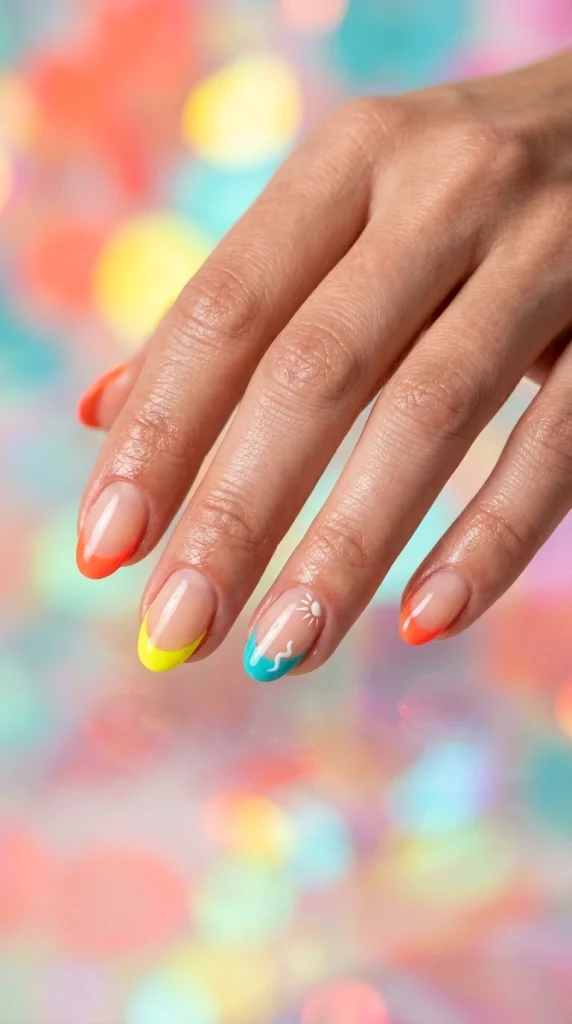 Close-up of sheer nude almond nails with fluorescent coral, yellow, turquoise, and lime French tips.
