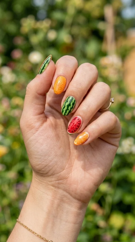 Close-up of translucent fruit juice nails in watermelon, strawberry, and citrus shades with a glossy jelly finish.