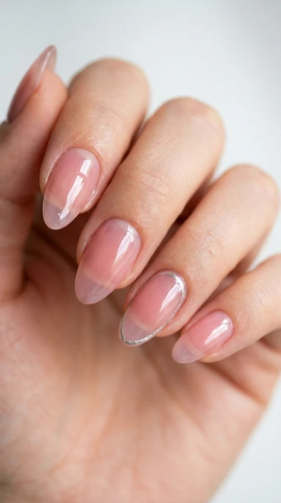 Close-up of translucent glass-effect almond nails with a crystal-clear glossy finish.