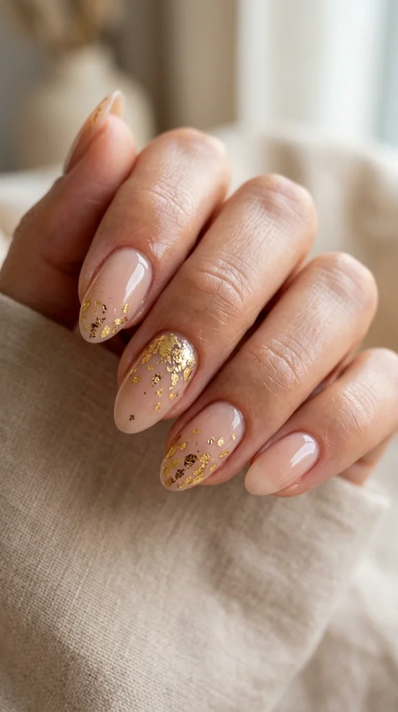 Close-up of nude almond nails with delicate gold foil accents.