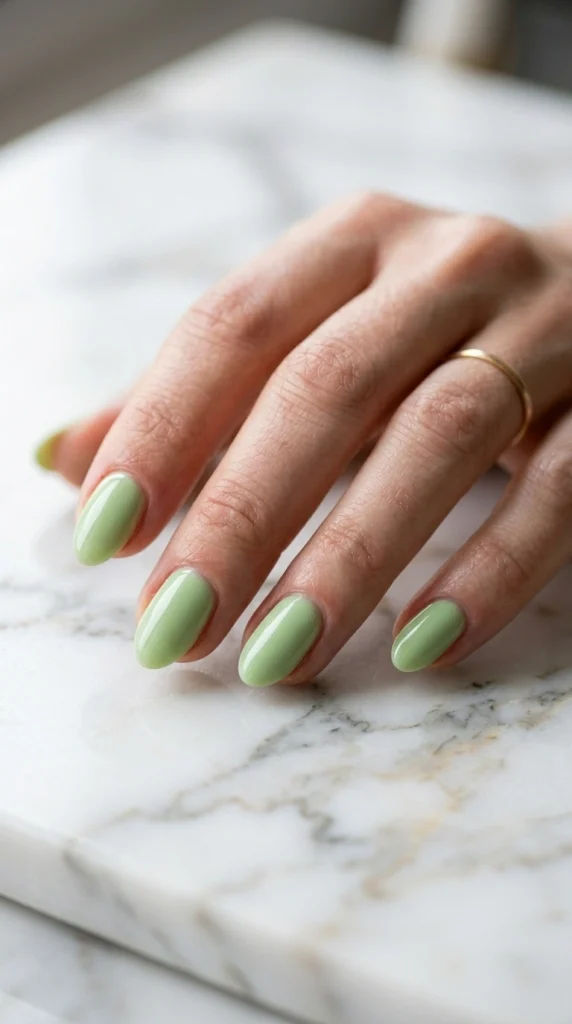 Close-up of glossy honeydew green almond nails, a soft fresh pastel green summer nail color for 2026.