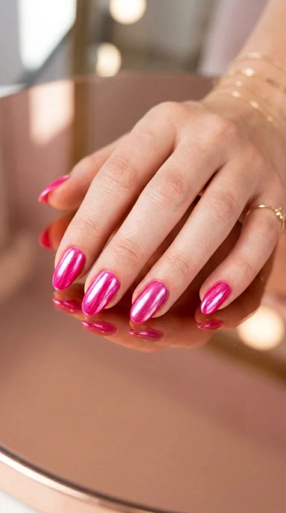 Close-up of reflective hot pink chrome almond nails, a bold summer nail design for 2026.