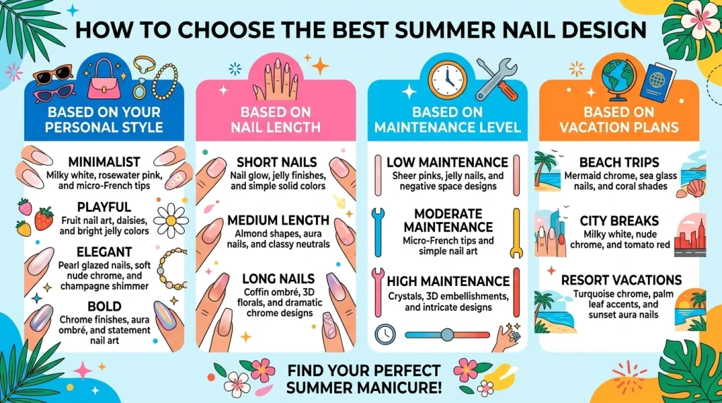 Decision guide infographic for choosing the best summer nail design based on style, nail length, maintenance, and vacation plans.